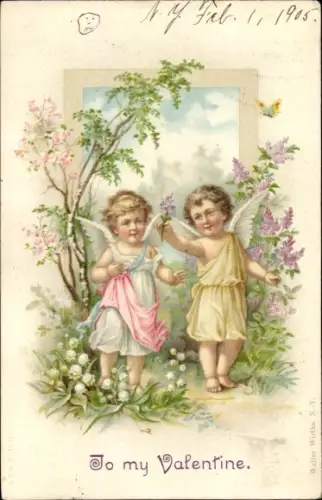 Litho To my Valentine, Engel, Liebespaar, Maiglöckchen
