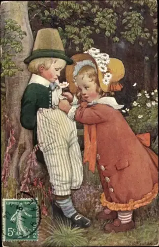 Künstler Ak Mädchen steckt Junge Blume ins Knopfloch