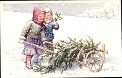 Künstler Ak Feiertag, Karl, Kinder mit Tannenbaum auf Fuhrwerk, BKWI 3006-1