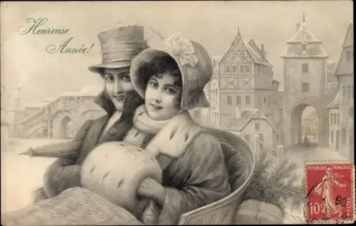 Künstler Ak Wichera, Glückwunsch Neujahr, Paar in einem Pferdeschlitten