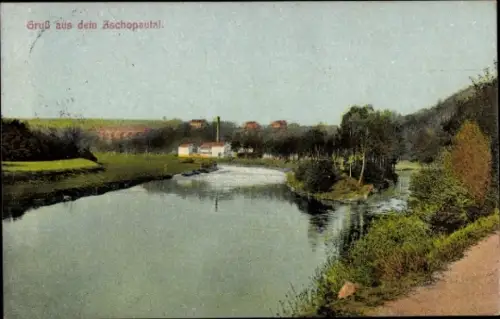 Ak Schönfeld im Zschopautal Thermalbad Wiesenbad im Erzgebirge, Flusslandschaft, Gebäude, Bäume, 