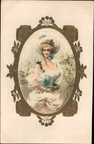 Seiden Passepartout Präge Ak Portrait einer Frau, Frühling