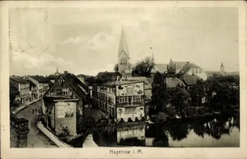 Ak Hagenow in Mecklenburg, Stadtansicht, Häuser, Kirche, Wasser, Werbung
