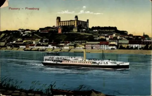 Ak Pozsony Pressburg Bratislava Slowakei, Schiff auf dem Wasser, Stadtansicht, Pozsony - Pressbur