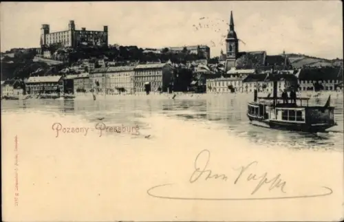 Ak Pozsony Pressburg Bratislava Slowakei, Stadtansicht vom Wasser aus, Dampfer
