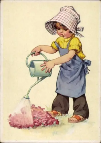 Künstler Ak Lungershausen, Ilse Wende, Mädchen beim Blumen gießen