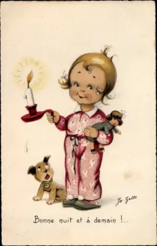 Künstler Ak Jo Zette, Bonne nuit et a demain, Mädchen im Schlafanzug mit Puppe