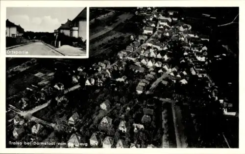 Ak Traisa Mühltal im Odenwald Hessen, Luftaufnahme von Traisa, Ortspartie, Wohnhäuser, Landschaft