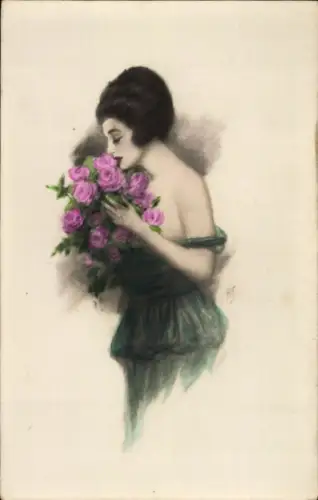 Ak Junge Frau riecht Rosen, Gemaltes Porträt