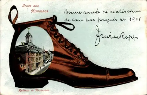 Passepartout Ak Pirmasens am Pfälzerwald, Rathaus, Schuh