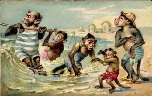 Präge Ak Vermenschlichte Affen in Bademode, Strandleben