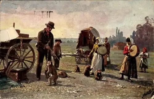 Ak Landleben, Familie, Fuhrwerke, Affen