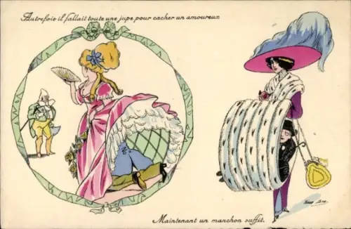 Künstler Ak Xavier, S., Elegante Frauen, Mann in Muff, Kleider, Hut