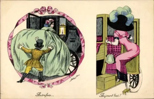 Künstler Ak Xavier, S., Frau in großem Kleid steigt in die Kutsche ein