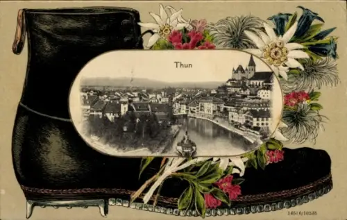Präge Passepartout Ak Thun Kanton Bern Schweiz, Gesamtansicht, Schuh, Edelweiß