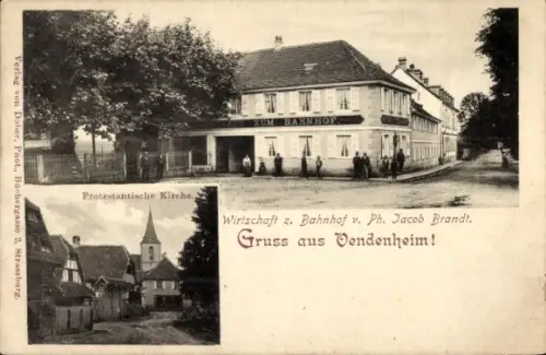 Ak Vendenheim Elsass Bas Rhin, Wirtschaft zum Bahnhof, Protestantische Kirche