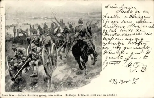 Künstler Ak Südafrika, Burenkrieg, Boer War, British Artillery going into action