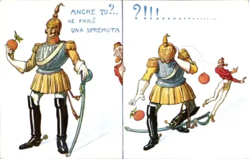 Ak Karikatur des Kaisers Wilhelm II., Herrscher mit Orangen beworfen