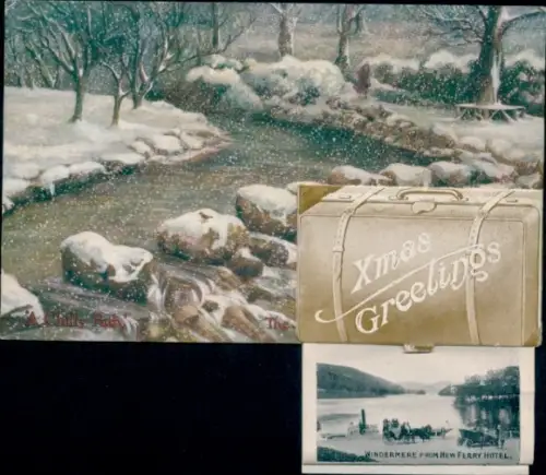 Leporello Ak Windermere Cumbria England, Blick vom New Ferry Hotel, Frohe Weihnachten, Wintermotiv