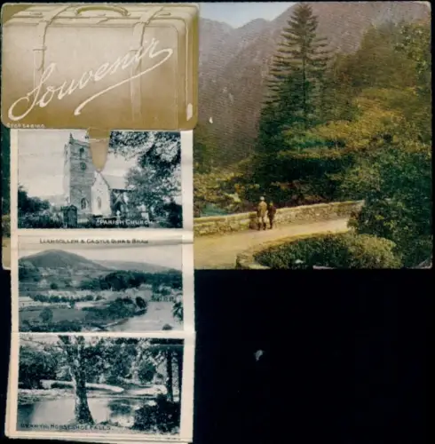 Leporello Ak Llangollen Wales, Pfarrkirche, Castell Dinas Brân, Horseshoe Falls