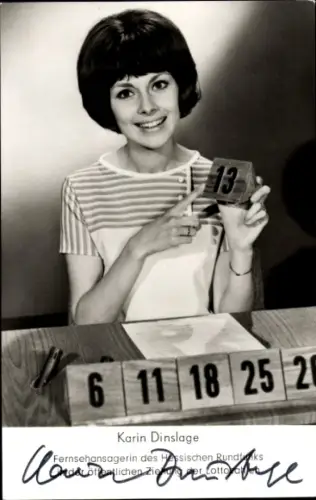 Ak Fernsehansagerin Karin Dinslage, Hessischer Rundfunk, Ziehung der Lottozahlen, Autogramm
