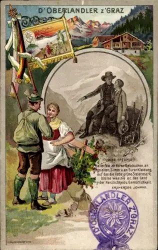 Litho Graz Steiermark, D'Oberlandler z'Graz, Trachtenpaar, Wanderer, Zitat Erzherzog Johann