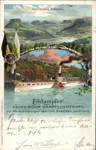 Litho Dresden Loschwitz, Albrechtssburgen, Eildampfer sächs. bohm. Dampfschifffahrt, Sächs. Schweiz