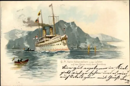 Künstler Litho Deutsches Kriegsschiff, SMY Hohenzollern in der Lofoten, Nordkap Reise