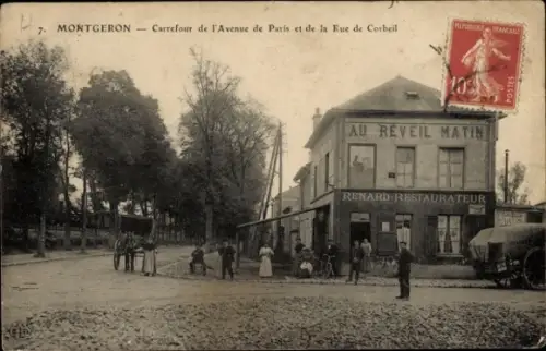 Ak Montgeron Essonne, Carrefour Avenue de Paris, Rue de Corbeil, Au Reveil Matin, Restaur. Renard