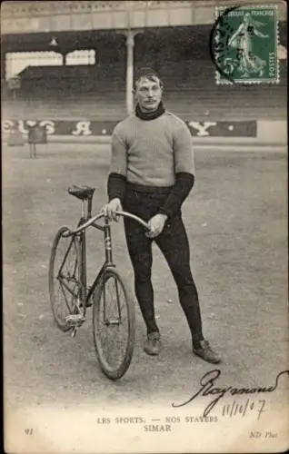 Ak Radrennfahrer Simar, Steher, Radrennbahn