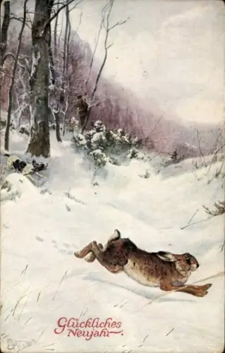 Ak Glückwunsch Neujahr, verschneite Landschaft, Hase
