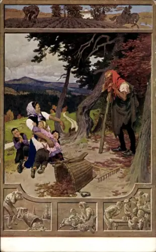 Künstler Ak Hey, Paul, Rübezahl, Mutter mit Kindern erschrickt