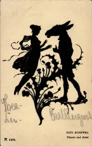 Scherenschnitt Künstler Ak Konewka, Paul, Titania und Zettel, Sommernachtstraum