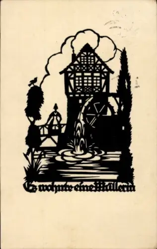 Scherenschnitt Ak Schwindt, A. M., Es wohnte eine Müllerin, Wassermühle