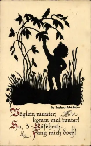 Scherenschnitt Künstler Ak Sachse Schubert, W., Vöglein munter, komm mal runter, Junge