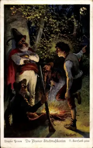 Künstler Ak Herrfurth, Oskar, Märchen, Gebrüder Grimm, Die Bremer Stadtmusikanten, Räuber