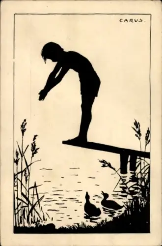 Scherenschnitt Ak Carus, Junge kurz vor dem Sprung ins Wasser
