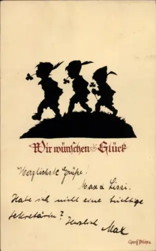 Scherenschnitt Künstler Ak Drei Jungen, Glücksklee, Ein blitzsauberes Kleeblatt
