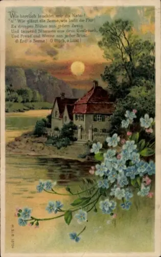 Präge Litho Wie herrlich leuchtet mir die Natur, Sonnenuntergang, Haus am Wasser, Vergissmeinnicht