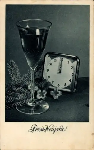 Ak Glückwunsch Neujahr, Uhr, Kleeblätter, Weinglas