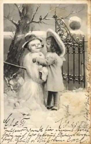 Ak Mädchen, Schneemann mit Pfeife