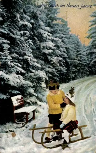 Ak Glückwunsch Neujahr, Kinder, Schlitten