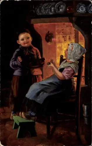 Künstler Ak Kinder in niederländischer Tracht, Kaminofen