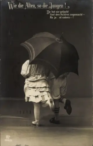 Ak Wie die Alten, so die Jungen, Kinder mit Regenschirm