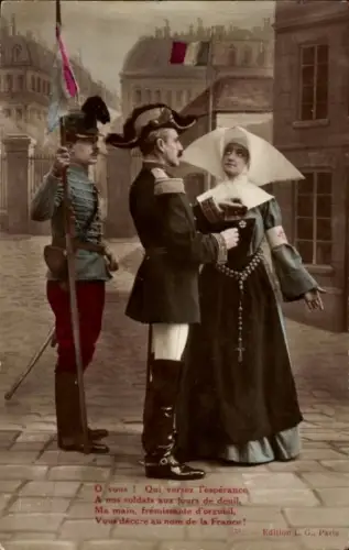 Ak Französische Soldaten, Ordensschwester, Rotes Kreuz, coloriert