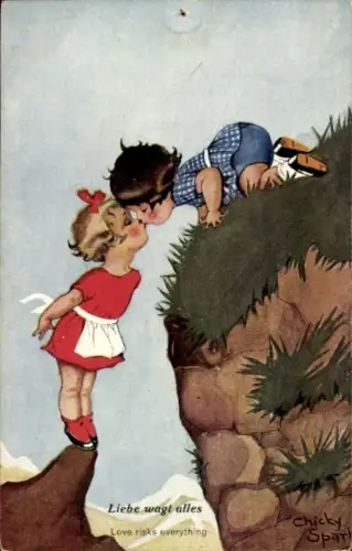 Künstler Ak Spark, Chicky, Liebe wagt alles, Kinder küssen sich über Abgrund hinweg