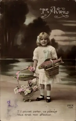 Ak 1. April, Mädchen mit Fisch