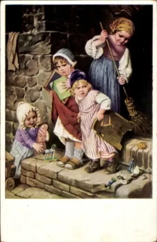 Künstler Ak Kaulbach, Hermann, Platz gemacht, Mädchen mit Besen, Kinder, Spielzeuge