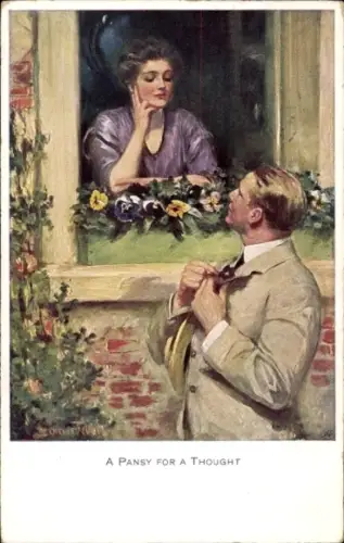 Künstler Ak A Pansy for a thought, Mann umwirbt Frau am Fenster