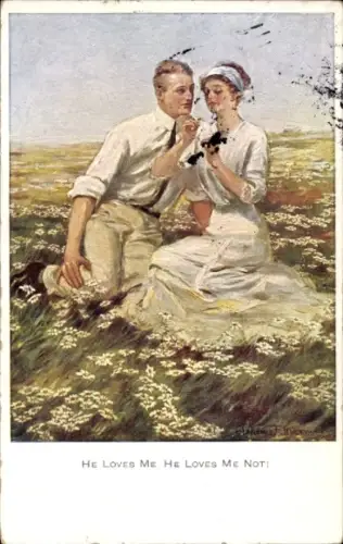 Künstler Ak He loves me, he loves me not, Frau und Mann, Blumenwiese